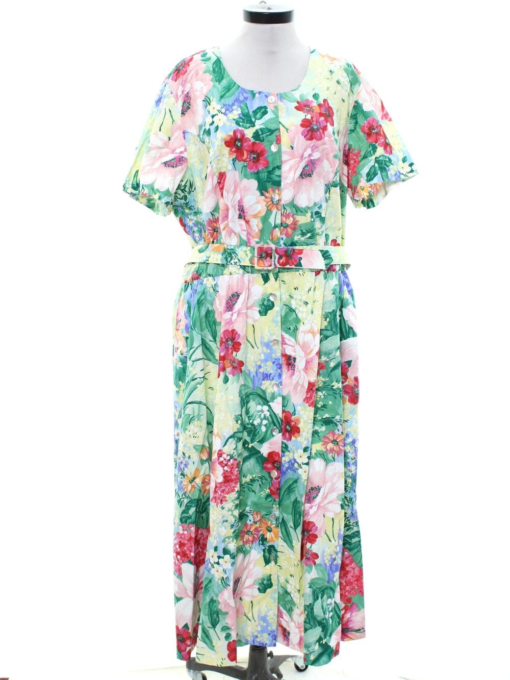 Vintage 90s Bedford Fair Floral Cotton Midi Dress Belted Cottagecore Women's 22W